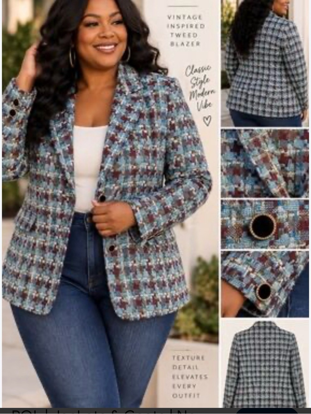 NWT POL Clothing Vintage Inspired Tweed Blazer Burgandy & Blue Plaid